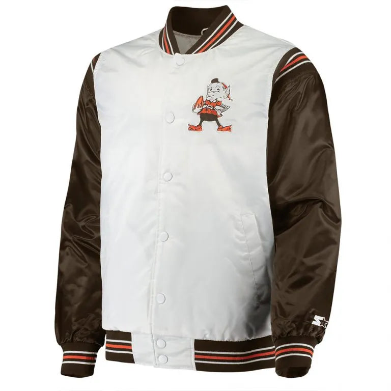 Cleveland Browns Historic Renegade Full-Snap Varsity White/Brown Satin Men's Bomber Jacket