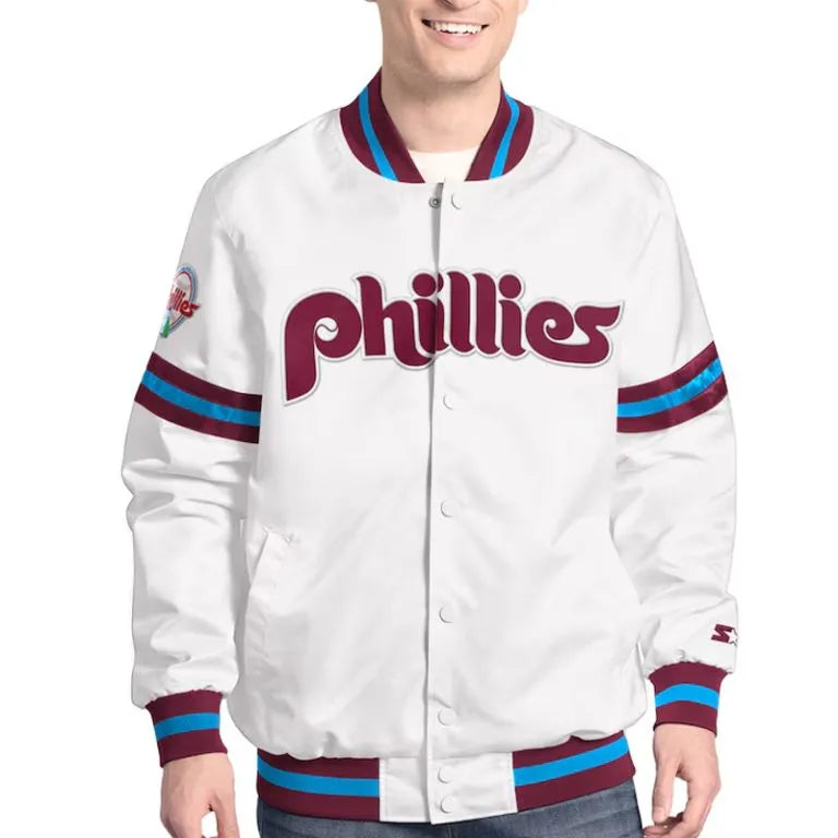 Philadelphia Phillies Scout Full-Snap White Satin Men's Bomber Jacket