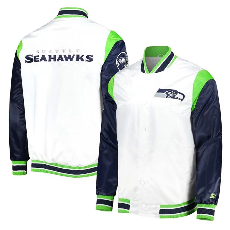 Seattle Seahawks Throwback Warm Up Pitch Full-Snap Varsity Navy Blue & White Satin Men's Bomber Jacket