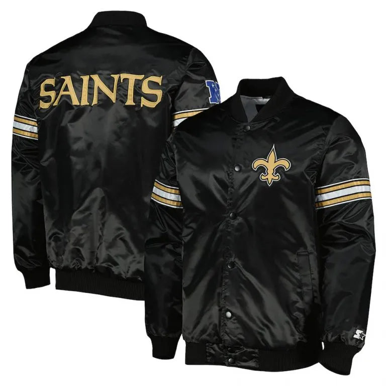 New Orleans Saints Pick and Roll Full-Snap Varsity Black Satin Men's Bomber Jacket