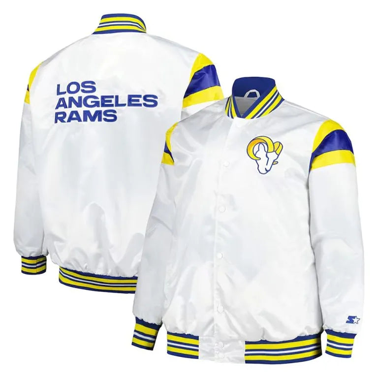 Los Angeles Rams Midweight Full-Snap Varsity White Satin Men's Bomber Jacket