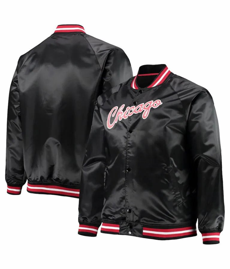 Chicago Bulls Hardwood Classics Raglan Full-Snap Varsity Black Satin Men's Bomber Jacket