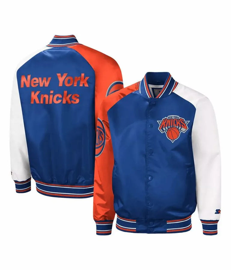 New York Knick Classic Full-Snap Varsity Royal Blue and Orange Satin Men's Bomber Jacket