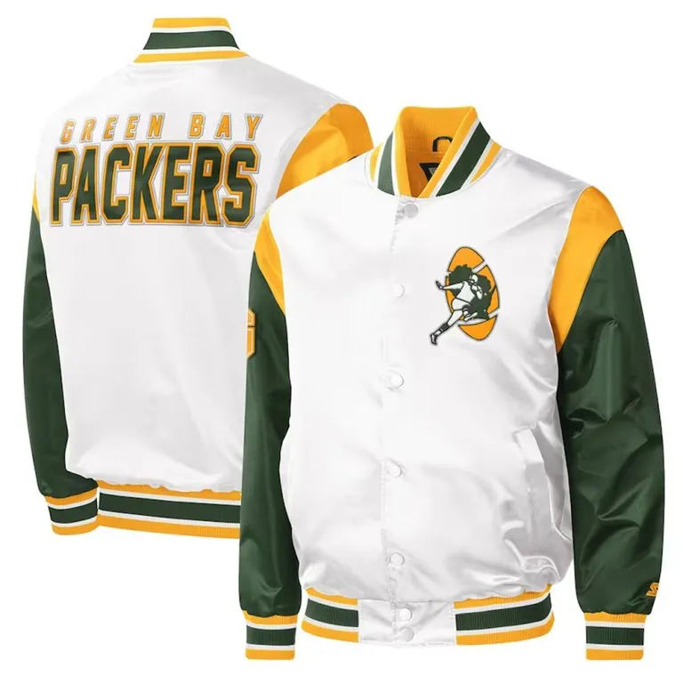 Green Bay Packers Throwback Warm Up Pitch Full-Snap Varsity White & Green Satin Men's Bomber Jacket