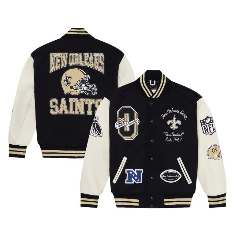 OVO New Orleans Saints Logo Mash Up Black Wool & White Genuine Leather Sleeves Men's Varsity Letterman Jacket