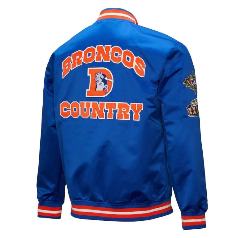 Denver Broncos Double Down Full-Snap Varsity Royal Blue Satin Men's Bomber Jacket