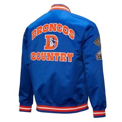 Denver Broncos Double Down Full-Snap Varsity Royal Blue Satin Men's Bomber Jacket