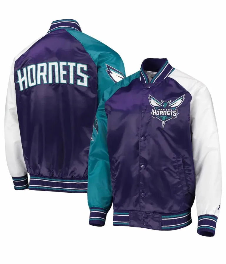 Charlotte Hornets Reliever Raglan Full-Snap Varsity Purple/Teal Satin Men's Bomber Jacket