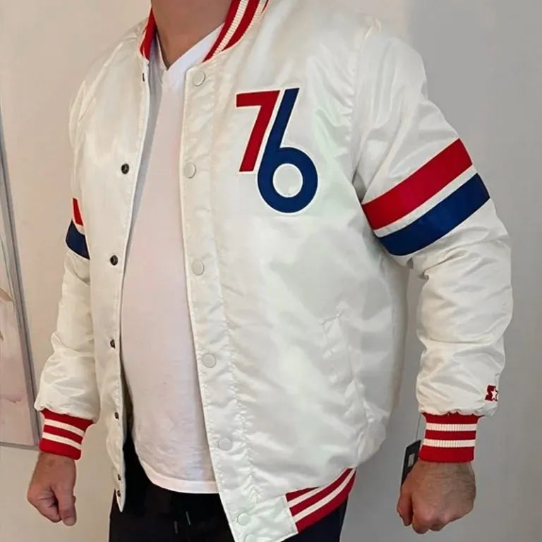 Philadelphia 76ers City of Brotherly Love Full-Snap Varsity White Satin Men's Bomber Jacket