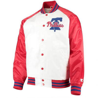 Philadelphia Phillies Clean-Up Hitter Full-Snap White/Red Satin Men's Bomber Jacket