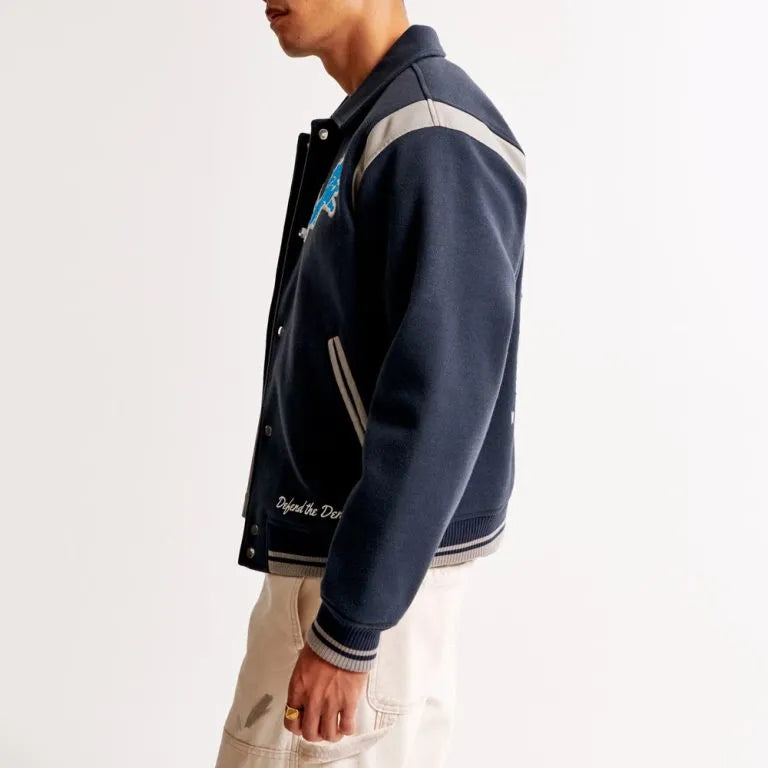 Detroit Lions Defend The Den All Wool Navy Blue Men's Varsity Jacket