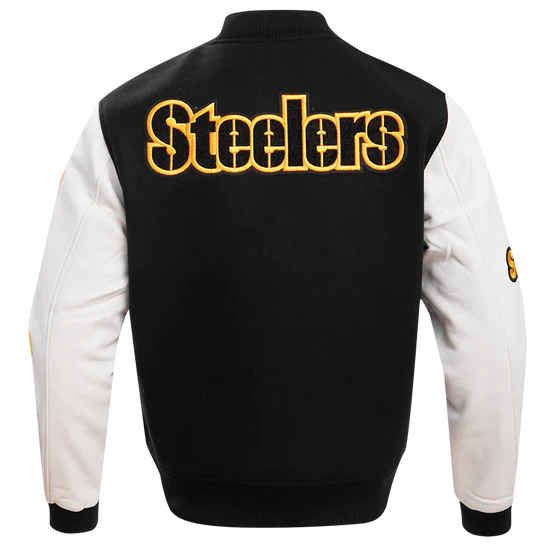 Pittsburgh Steelers Black Wool & White Genuine Leather Sleeves Men's Varsity Letterman Jacket