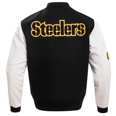 Pittsburgh Steelers Black Wool & White Genuine Leather Sleeves Men's Varsity Letterman Jacket