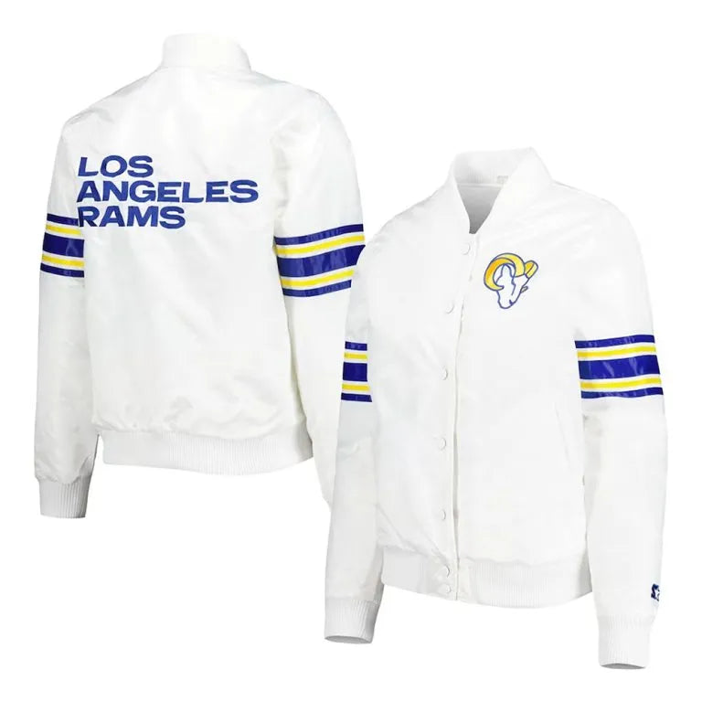 Los Angeles Rams Line Up Full-Snap Varsity White Satin Men's Bomber Jacket