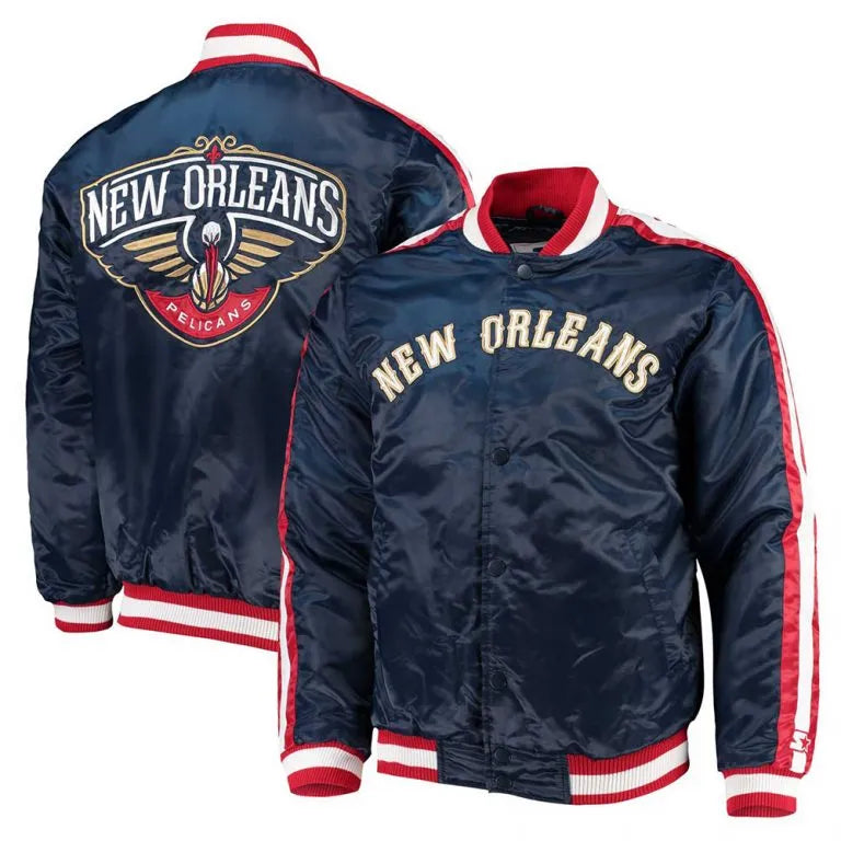 New Orleans Pelicans The Offensive Full-Snap Varsity Navy Blue Satin Men's Bomber Jacket
