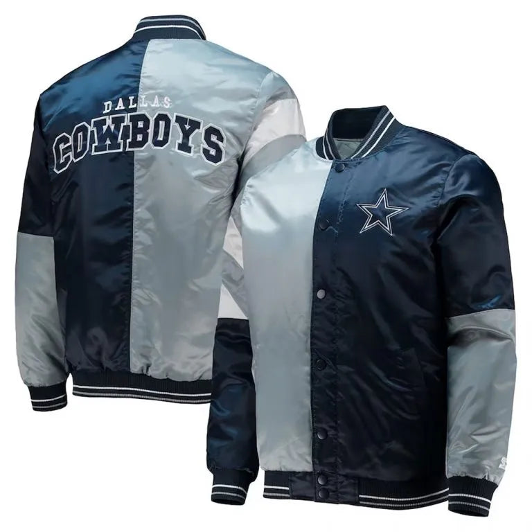 Dallas Cowboys The Leader Full-Snap Varsity Navy Blue & Gray Satin Men's Bomber Jacket