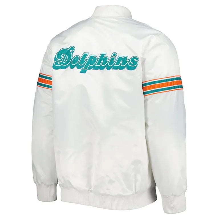 Miami Dolphins The Power Forward Full-Snap Varsity White Satin Men's Bomber Jacket