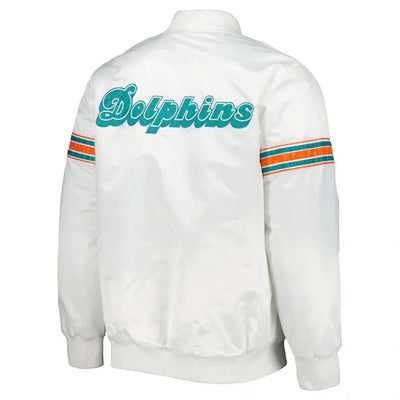 Miami Dolphins The Power Forward Full-Snap Varsity White Satin Men's Bomber Jacket