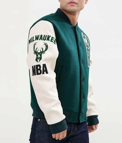 Milwaukee Bucks Varsity Green Wool & White Genuine Leather Sleeves Men's Letterman Jacket