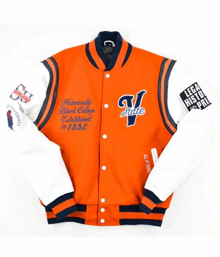 HBCU Virginia State University Motto 2.0 Orange Wool & White Genuine Leather Sleeves Men's Letterman Varsity Jacket