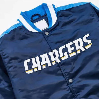 Los Angeles Chargers Striped Full-Snap Varsity Navy Blue Satin Men's Bomber Jacket