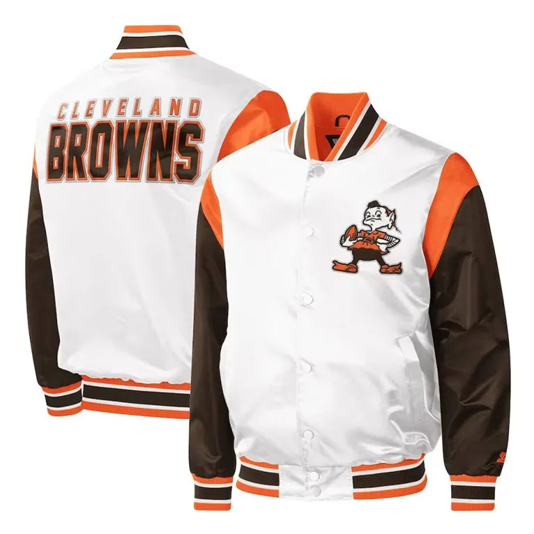Cleveland Browns Throwback Pitch Full-Snap Varsity White and Brown Satin Men's Bomber Jacket