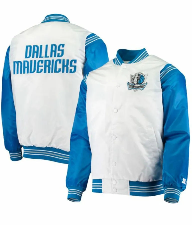 Dallas Mavericks Full-Snap Varsity Blue and White Satin Men's Bomber Jacket