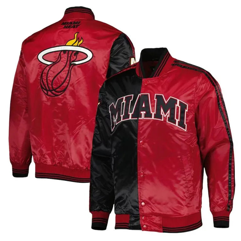 Miami Heat Fast Break Full-Snap Varsity Black/Red Satin Men's Bomber Jacket