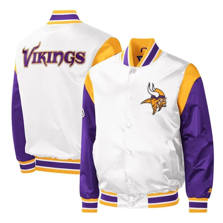 Minnesota Vikings Throwback Warm Up Pitch Full-Snap Varsity White & Purple Satin Men's Bomber Jacket