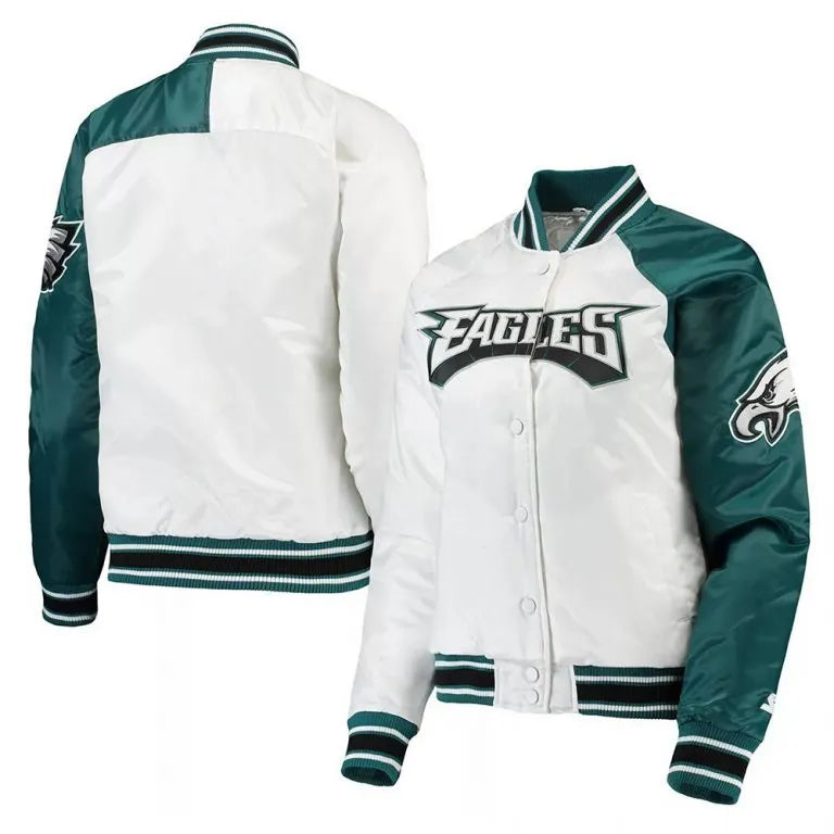 Philadelphia Eagles Hometown Full-Snap Varsity Midnight Green and White Satin Men's Bomber Jacket