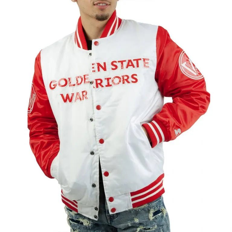 Golden State Warriors Full-Snap Varsity White and Red Satin Men's Bomber Jacket