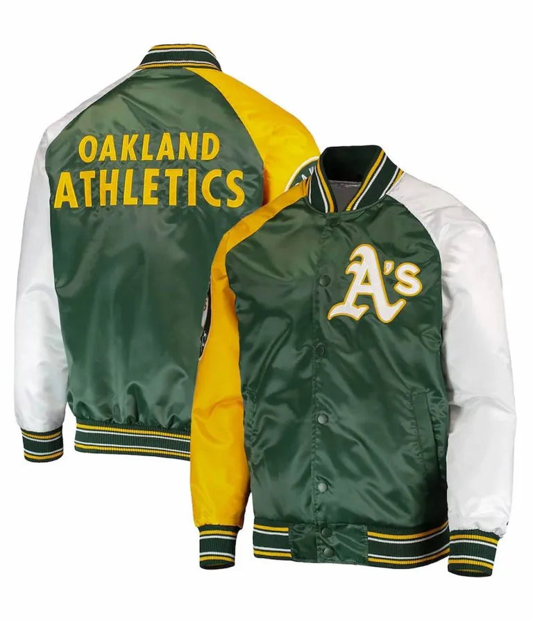 Oakland Athletics Reliever Raglan Full-Snap Green/Yellow Satin Men's Jacket
