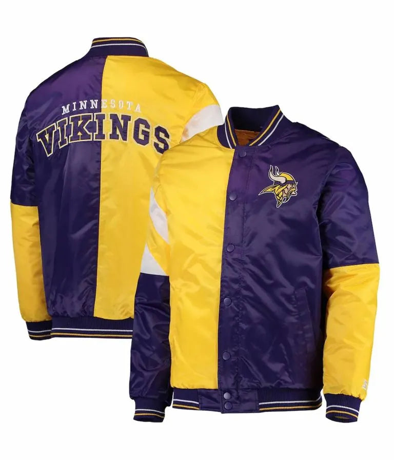 Minnesota Vikings Leader Full-Snap Varsity Yellow and Purple Satin Men's Bomber Jacket