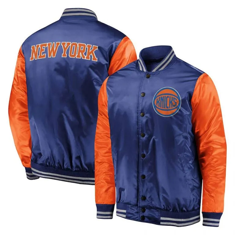 New York Knicks Iconic Tackle Full-Snap Varsity Blue/Orange Satin Men's Bomber Jacket