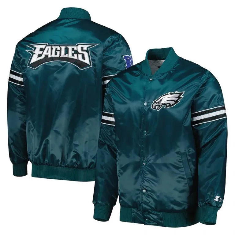 Philadelphia Eagles The Pick and Roll Full-Snap Varsity Midnight Green Satin Men's Bomber Jacket