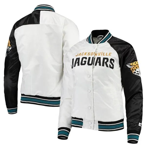 Jacksonville Jaguars Hometown Full-Snap Varsity Black and White Satin Men's Bomber Jacket