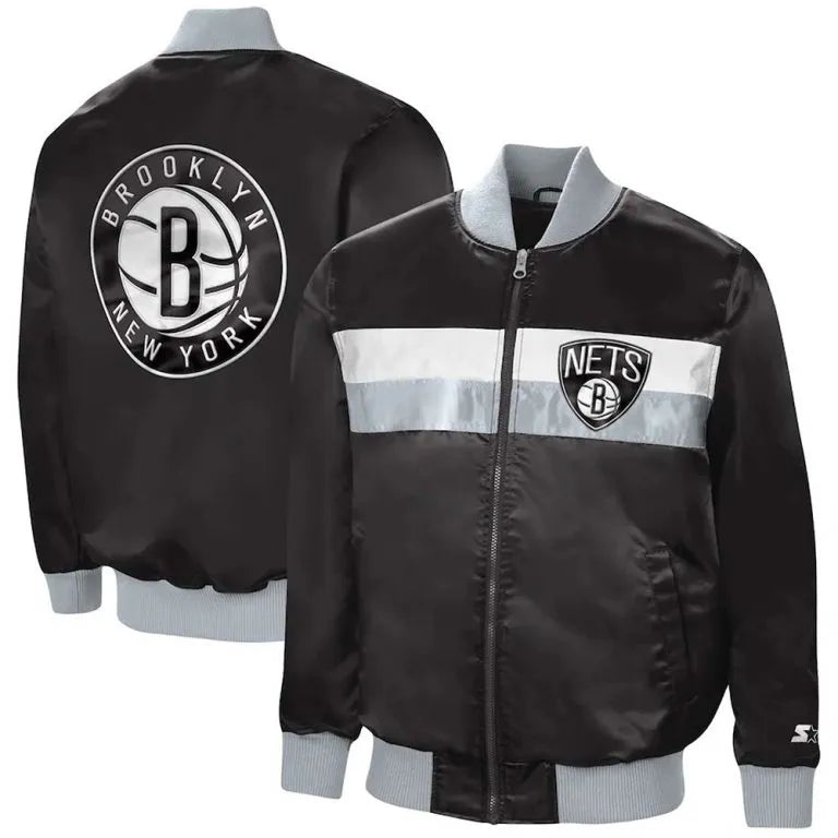 Brooklyn Nets The Ambassador Full-Snap Varsity Black Satin Men's Bomber Jacket