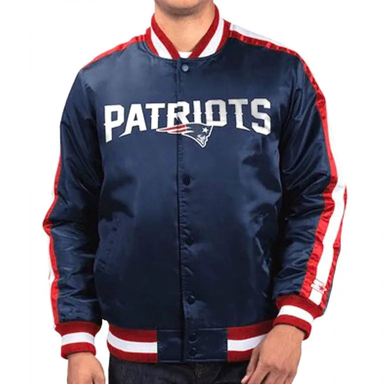 New England Patriots Striped Full-Snap Varsity Navy Blue Satin Men's Bomber Jacket