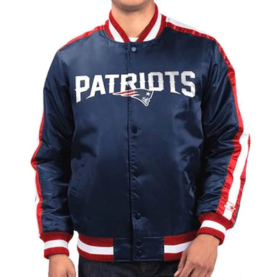 New England Patriots Striped Full-Snap Varsity Navy Blue Satin Men's Bomber Jacket