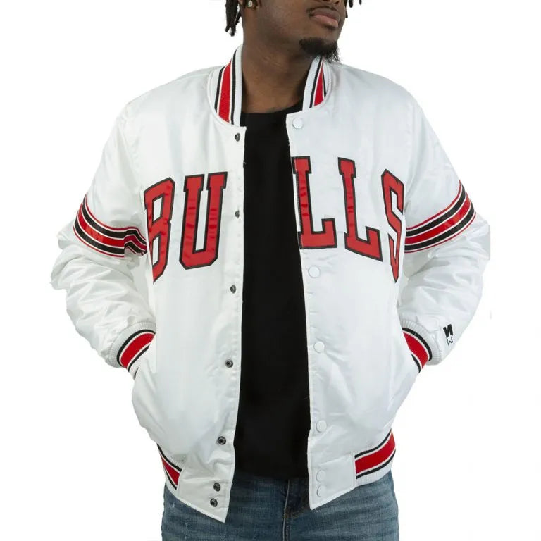 NBA Chicago Bulls Full-Snap Varsity Striped White Satin Men's Bomber Jacket