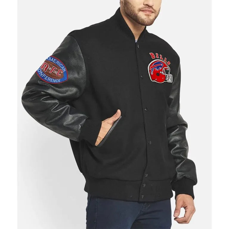 90’s Buffalo Bills Black Wool & Leather Sleeves Varsity Men's Letterman Jacket