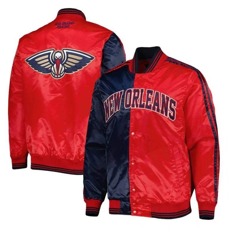 New Orleans Pelicans Fast Break Full-Snap Varsity Red and Navy Blue Satin Men's Bomber Jacket