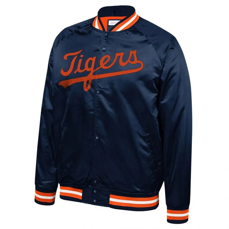 Detroit Tigers Navy Blue Satin Bomber Full-Snap Men's Jacket