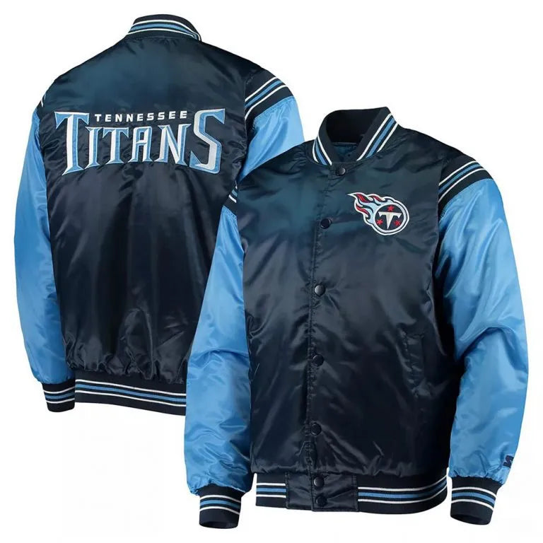Tennessee Titans Enforcer Full-Snap Varsity Navy/Light Blue Satin Men's Bomber Jacket