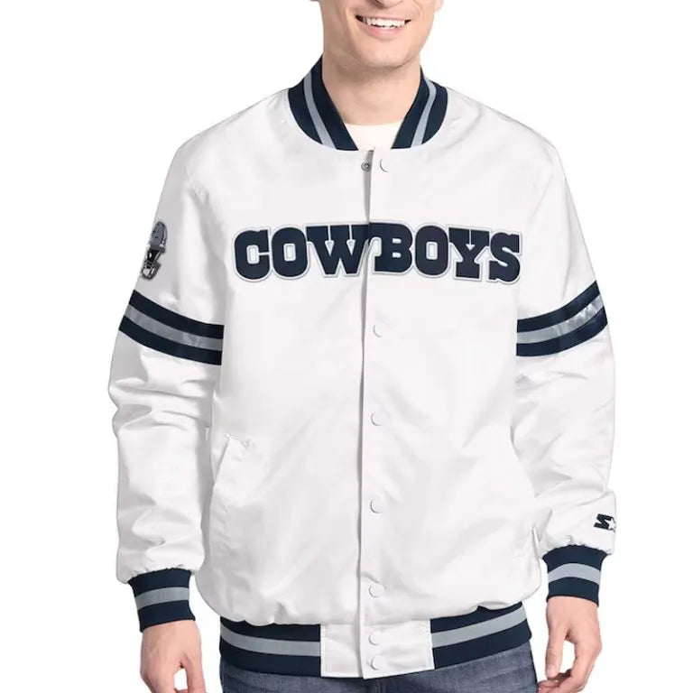 Dallas Cowboys Scout Full-Snap Varsity White Satin Men's Bomber Jacket
