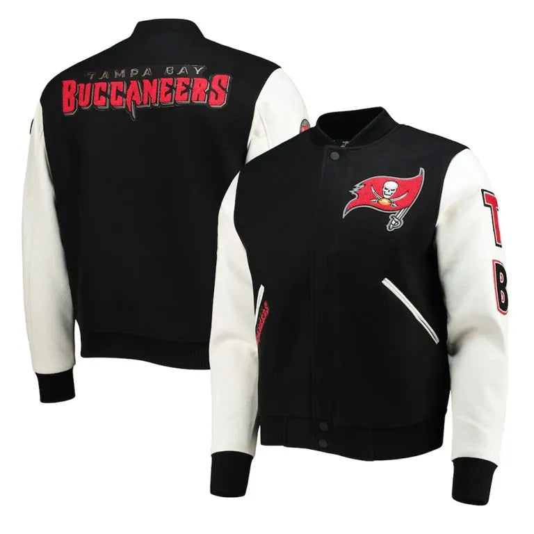 Tampa Bay Buccaneers Black Wool & White Genuine Leather Sleeves Men's Varsity Letterman Jacket
