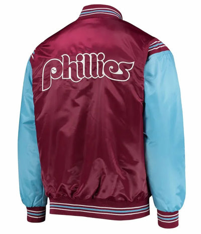 Philadelphia Phillies Burgundy and Blue Satin Full Snap Varsity Men's Jacket
