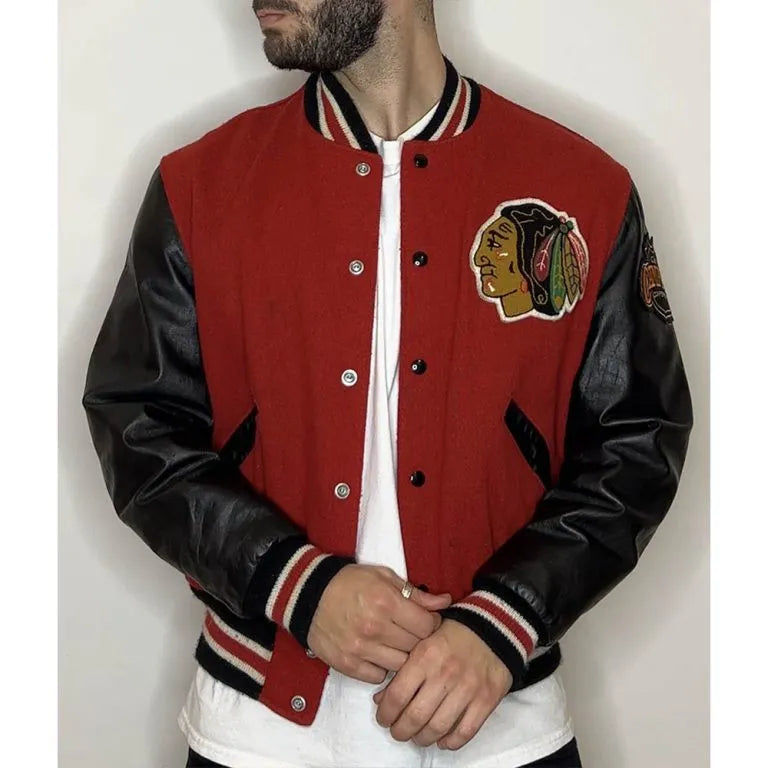 Chicago Blackhawks Campbell Red Wool & Black Genuine Leather Sleeves Men's Letterman Varsity Jacket