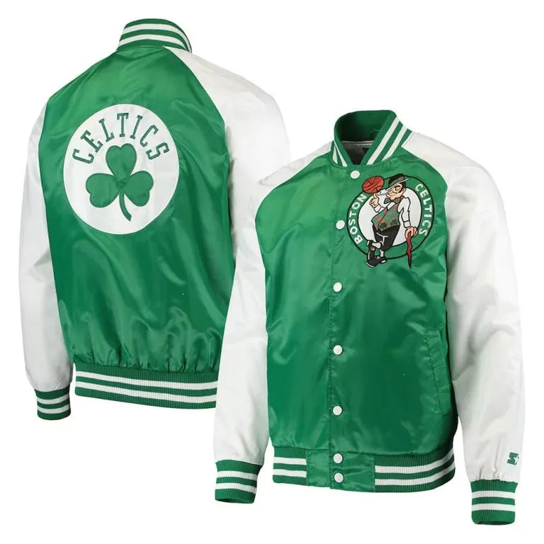 Boston Celtics Point Guard Full-Snap Varsity Kelly Green/White Satin Men's Bomber Jacket