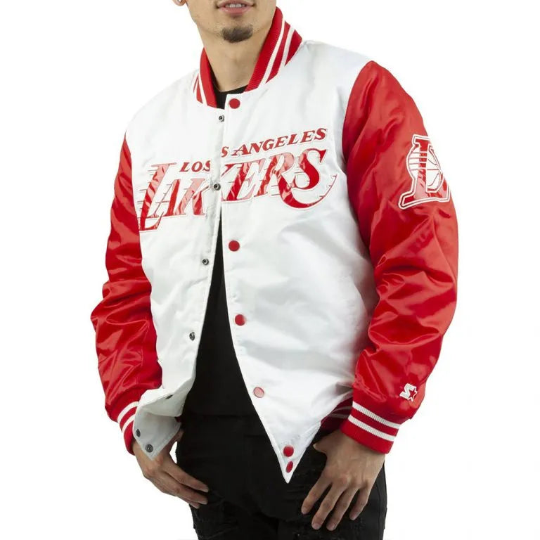 Los Angeles Lakers Full-Snap Varsity White and Red Satin Men's Bomber Jacket